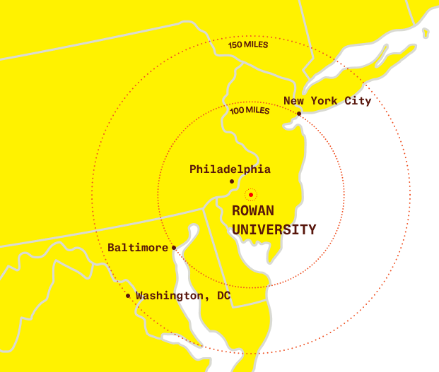 Map of the USA in the area around Rowan University.